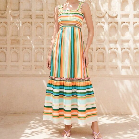 Pink Boho Women's Dress with Striped Floral Print, Square Neck, Ruched Straps - Picture 4 of 8